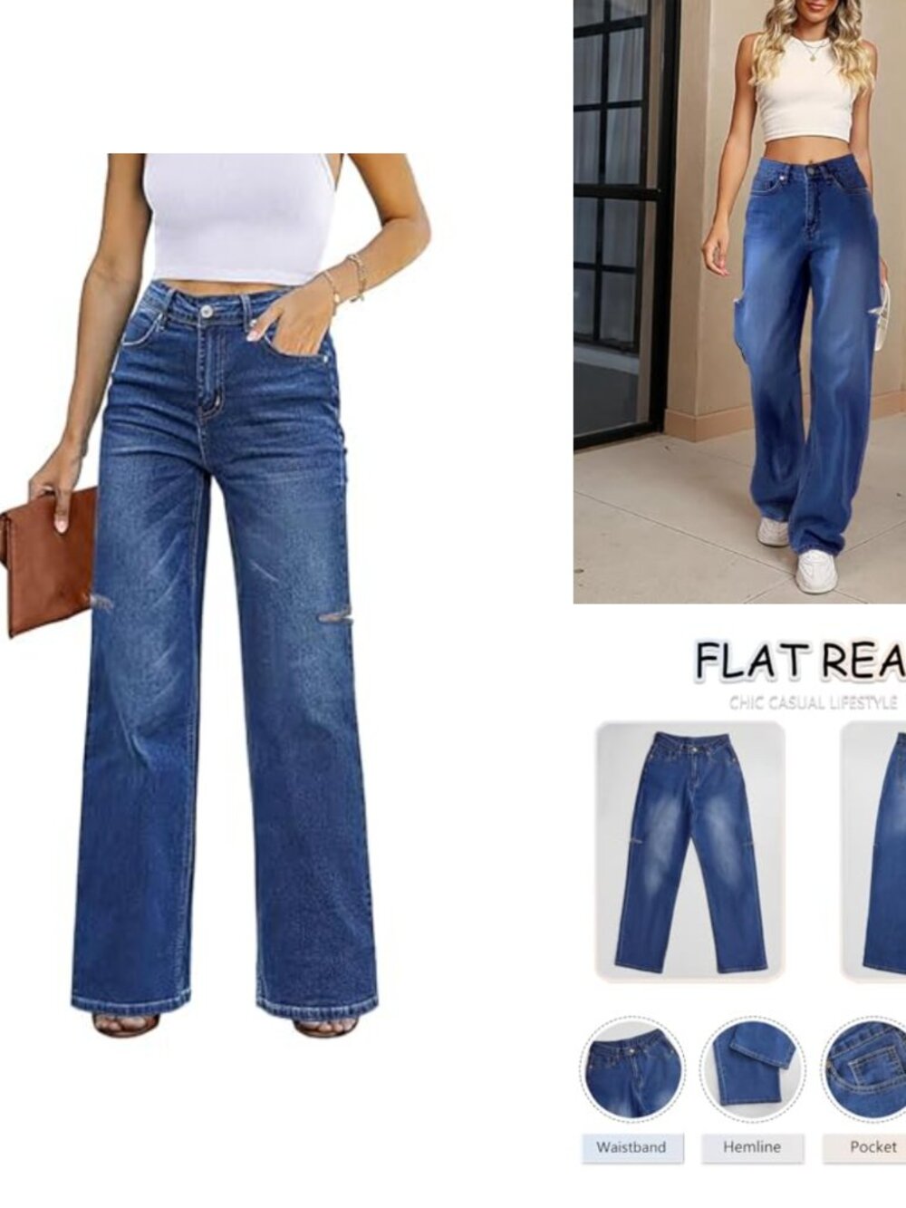 Women's Wide Leg Distressed Stretch Jeans Boyfriend Fit Straight Ripped Denim